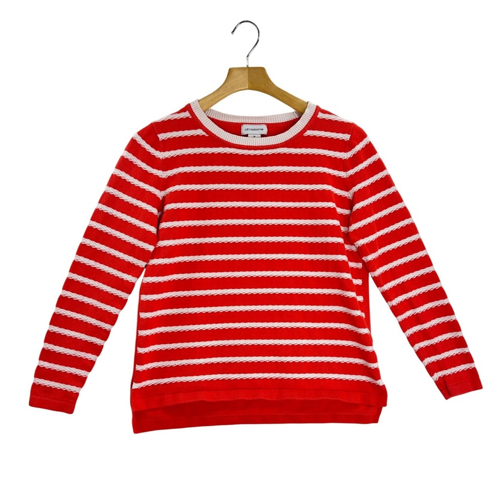 Liz Claiborne Women Orange White Striped Cotton Sweater Pullover Size M